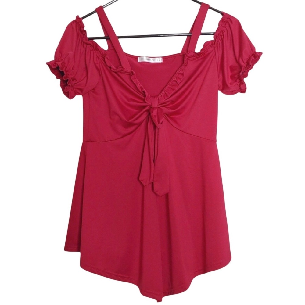 Womens Peplum Top Sz 6 Red Pink Cold Shoulder Puff Sleeve EUC Whimsical Romantic